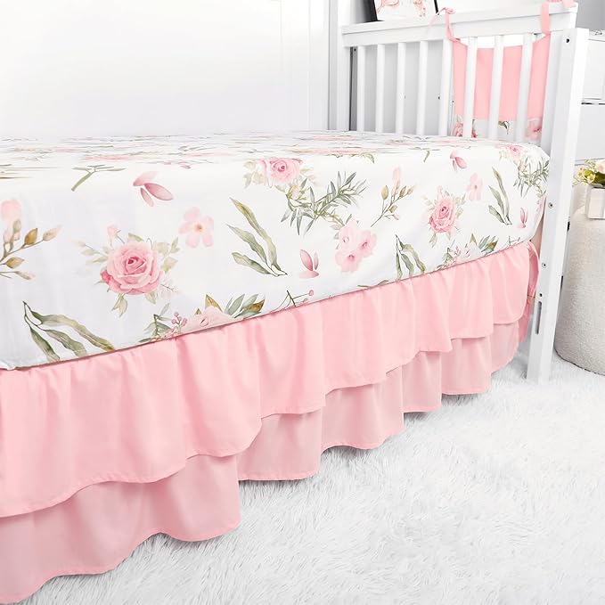 TANOFAR 4-Piece Crib Bedding Set for Baby Girls, Floral Castle Nursery Bedding Set Includes Comforter, Fitted Crib Sheet, Crib Skirt, and Diaper Stacker, Pink