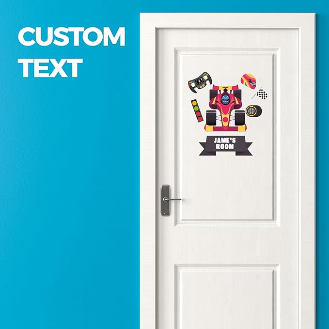 EGD Custom Race Car Door Decal with Name | Door Decals for Bedroom or Nursery | Personalized Vinyl Wall Decal for Kids Room | Fun Speedy Theme Wall Stickers for Boys (C. Race Car)