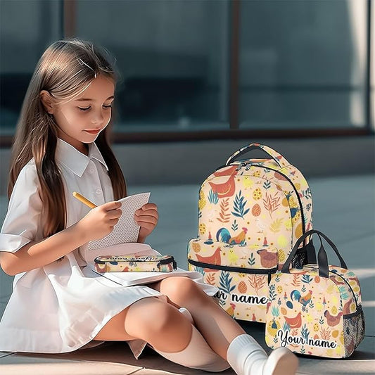 COOPASIA Personalized Chicken Backpack with Lunch Box and Pencil Case, 16 Inch Chicken Theme Bookbag with Adjustable Straps, Durable, Lightweight, Large Capacity, School Backpack for Girls Women