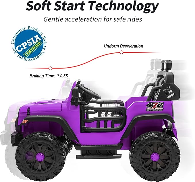 2 Seater Ride on Car Toy, 12V Electric Car for Kids 4-8 with Remote Control, Capacity 150 lb, LED Light - Purple