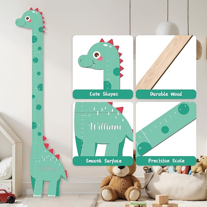 Woodemon Personalized Name Growth Chart, Dinosaur Wooden Height Chart, Thick Height Measuring Board, Kids Height Tracker for Nursery Decor, Baby Boy Girl Measurement Ruler, Growth Charts Ruler