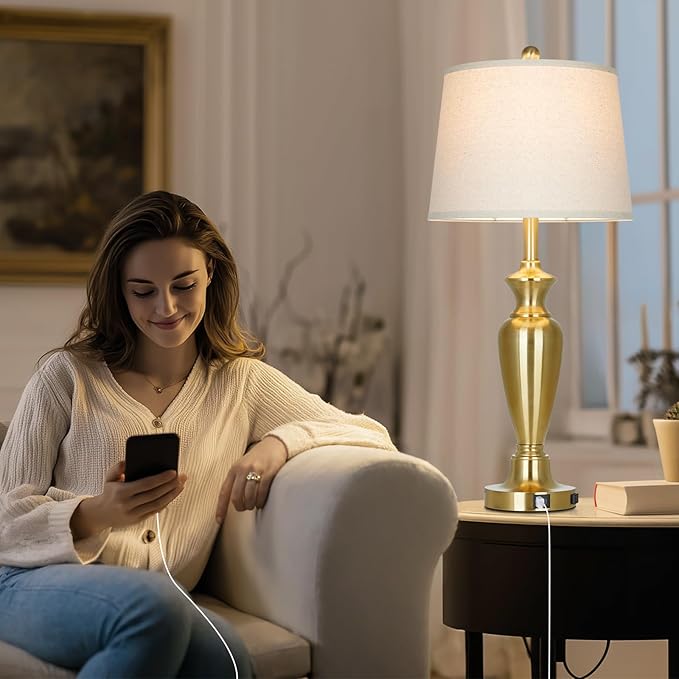 luxeflow 30" Tall Gold Table Lamps Set of 2 for Living Room, Touch Control Bedside Lamps for Nightstand, 3-Way Dimmable Bedroom Table Lamp with USB A+C Ports and AC Outlet (2 LED Bulbs Included)