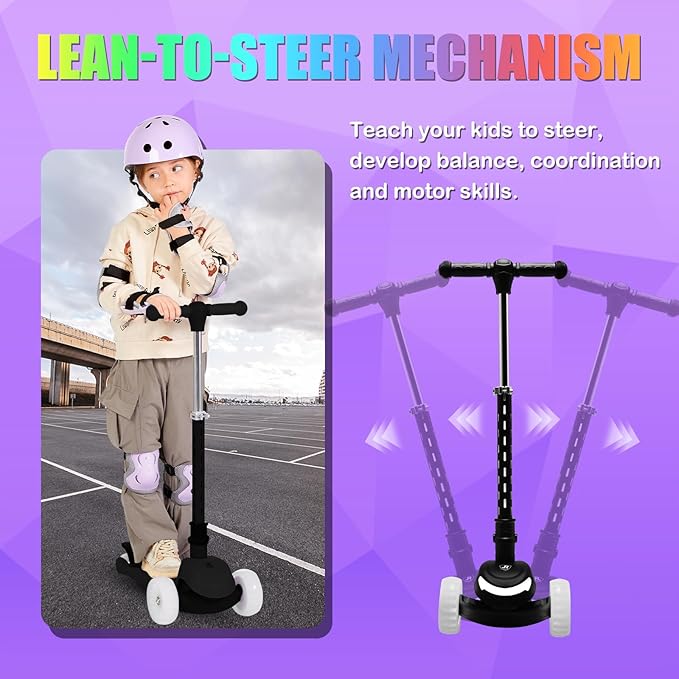 Light-Up Scooter for Kids 3-8,20 Dynamic Light Patterns for Evening Play Safety - Lean-to-Steer Kick Scooter with Adjustable Handlebar (Grows with Child) - Gift for Boys & Girls