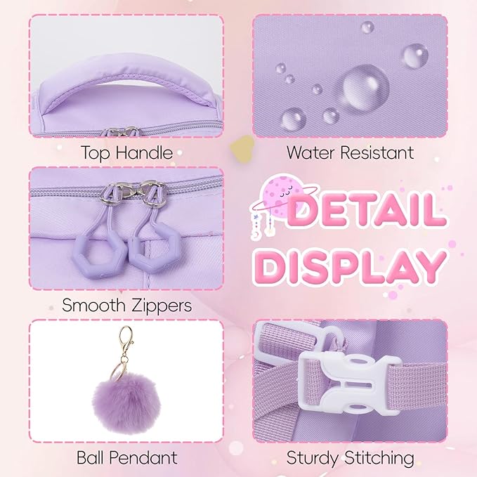 Aulenge Kids Backpack for Girls Cute Teen School Backpack Ages 8-12 with Pencil Case Set Kawaii Stitch Purple School Bookbags with Multiple Pockets for Primary & Middle School Students