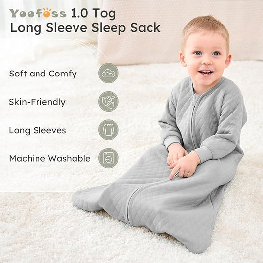 Yoofoss Baby Sleep Sack 6-12 Months 1.0 Tog Long Sleeve Sleep Sack Organic Cotton Wearable Blanket for Infants 2-Way Zipper Quilted Sleeping Sacks(Medium)