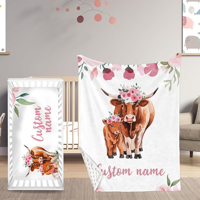 Custom Name Crib Bedding Set with Name - 2 Piece Cow Series Baby Set with Blanket and Crib Sheet, Cozy and Durable Infant Nursery Bedding, Gifts for Toddler Baby