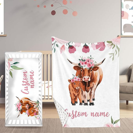 Custom Name Crib Bedding Set with Name - 2 Piece Cow Series Baby Set with Blanket and Crib Sheet, Cozy and Durable Infant Nursery Bedding, Gifts for Toddler Baby