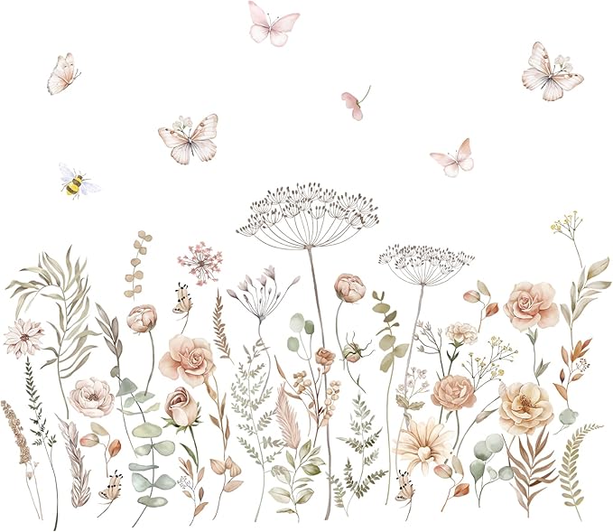 fufuquare Watercolor Boho Wildflower Wall Decals Dandelion Flower Grass Butterfly Wall Stickers Vintage Art Baby Nursery Girls Bedroom Kids Living Room Home Decor