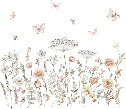 fufuquare Watercolor Boho Wildflower Wall Decals Dandelion Flower Grass Butterfly Wall Stickers Vintage Art Baby Nursery Girls Bedroom Kids Living Room Home Decor