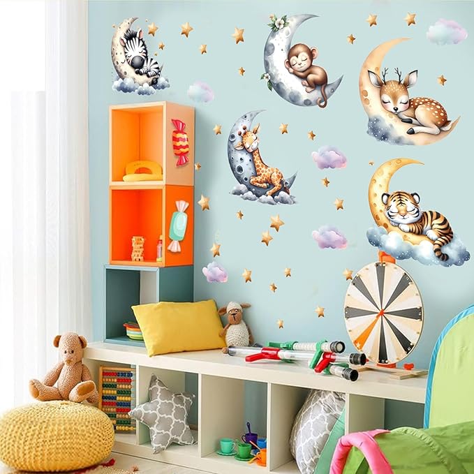 Jungle Animal Wall Decals for Nursery – Removable Safari Animal Stickers for Baby Room, Kids Bedroom & Playroom – Moon and Stars Animals Wall Art Decor for Boys and Girls