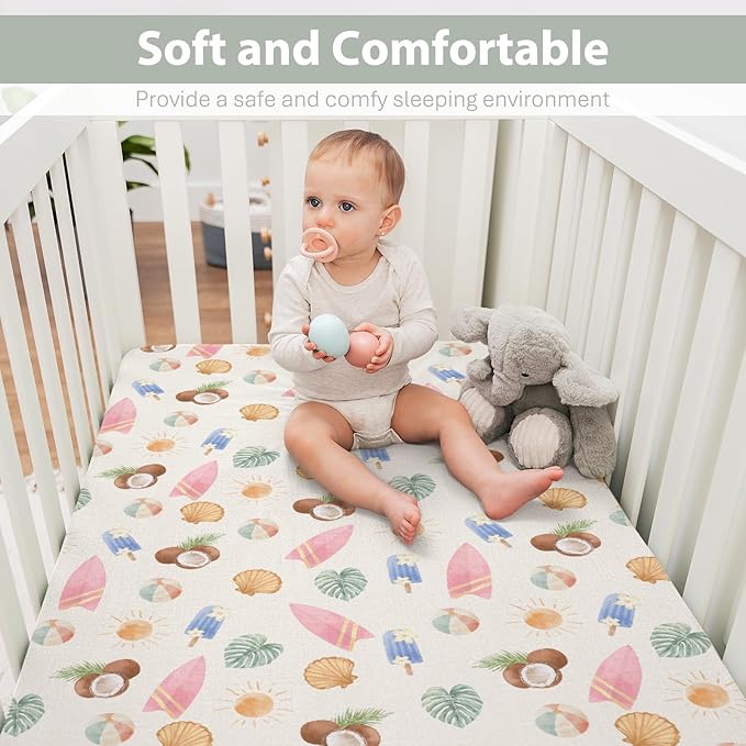 Neutral Summer Beach Baby Crib Sheets for Boy Girl 52x28Inch Surfboard Coconut Seashells Sun Balls Soft Snug Fitted Crib Mattress Cover Seaside Holiday Baby Sheet for Crib and Toddler Bed Mattress