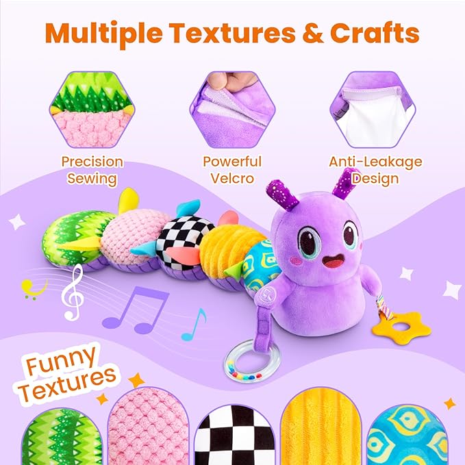 Baby Toys 0-6 Months, Washable Baby Musical Caterpillar Toys with 10 Kid's Songs,Rattles,BabyTeething Toys,Suitable for 0-6, 6-12 Months Infant Tummy Time Toy,Newborn Baby Boy&Gril Gifts(Purple)
