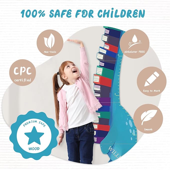 Woodemon Personalized Name Growth Chart for Wall, Dinosaur Book Wooden Growth Chart Kids Height Chart,Growth Ruler for Toddler Playroom Decor 62.4" x 15.5"