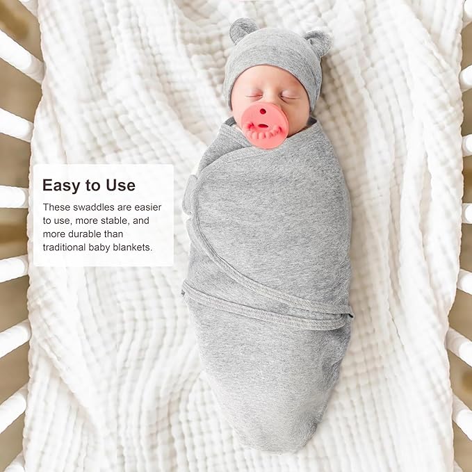 DRESHOW BQUBO 3 Pack Baby Swaddle Sleep Sacks Baby Swaddling Blanket Wrap Newborn Swaddle Sack with Bear Ears Hat for Boys Girls 6-12 Lbs Newborns & 0-3 Months Girls Boys