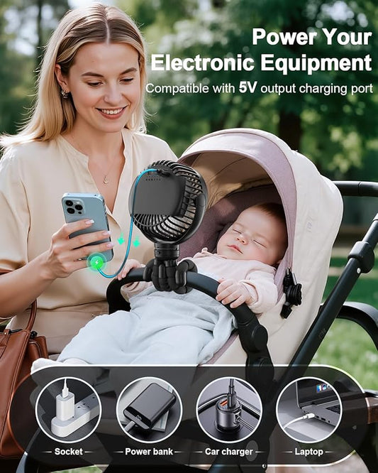 FRIZCOL Portable Stroller Fan, Use As Power Bank, 65H 12000mAh Battery Operated Fan Flexible Tripod Baby Car Seat Fans with Timming, Personal Mini Handheld/Desk/Small Clip On Fans For Stroller