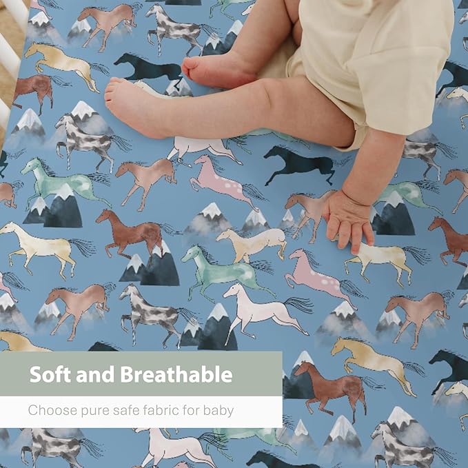 Boho Horses Mountains Baby Crib Sheets for Boy Girl 28"x52" Wild Horses Blossom Soft Snug Fitted Crib Mattress Covers Horse Lovers Nursery Baby Sheet for Standard Crib & Toddler Bed Mattress Blue