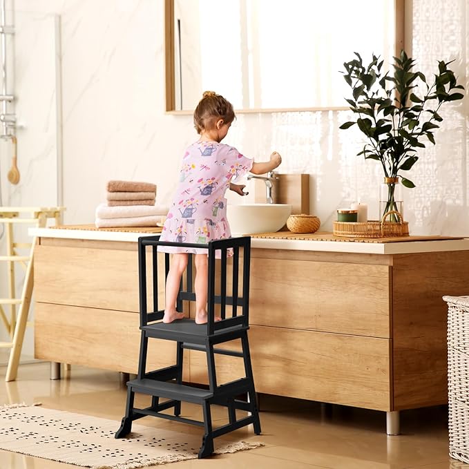COSYLAND Kids Kitchen Step Stool Helper - Wooden Standing Tower for Kids with Anti-Tip Support Legs (Black)