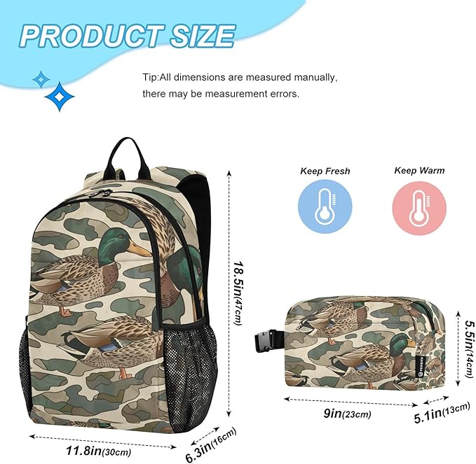 Jucciaco Duck Camo Camouflage Backpack with Lunch Bag for Boys Girls, Travel School Backpack Set