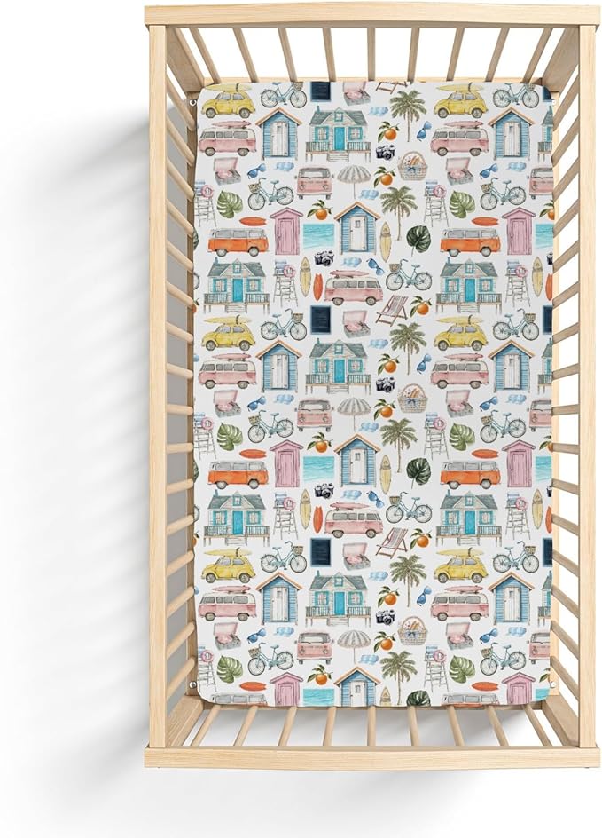Watercolor Summer Travel Baby Crib Sheets Boy Girl 52x28Inch Boho Hippie Beach House Surfboard Palm Car Soft Snug Fitted Crib Mattress Cover Beach Days Baby Sheet for Standard Crib & Toddler Mattress
