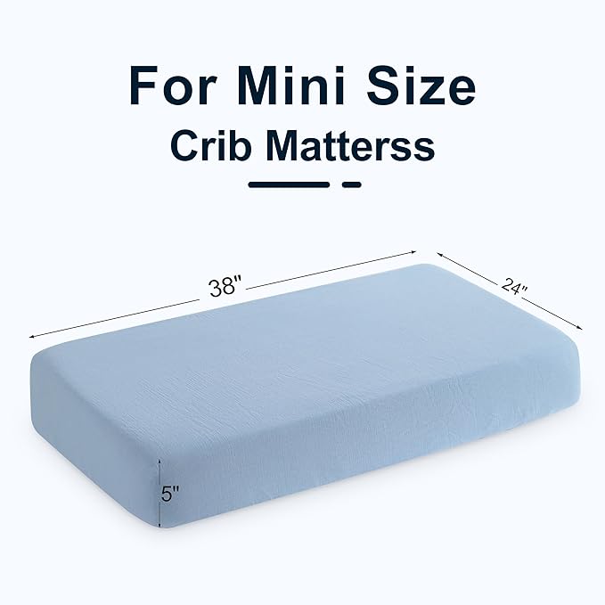 NTBAY 2 Pack Muslin Cotton Mini Crib Sheets, Soft and Breathable Double Layer 24x38 Baby Crib Sheets for Mini Crib and Toddler Mattresses, Boys, Girls, Unisex, Sky Blue, 24x38 Inches