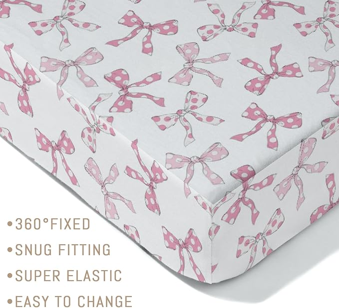 Pink Dot Bows Baby Crib Sheets for Girls Sweet Girly Bows Soft Stretchy Fitted Crib Mattress Covers for 52''x28'' Standard Crib & Toddler Bed Mattress Cute Pastel Ribbon Valentine Baby Sheets