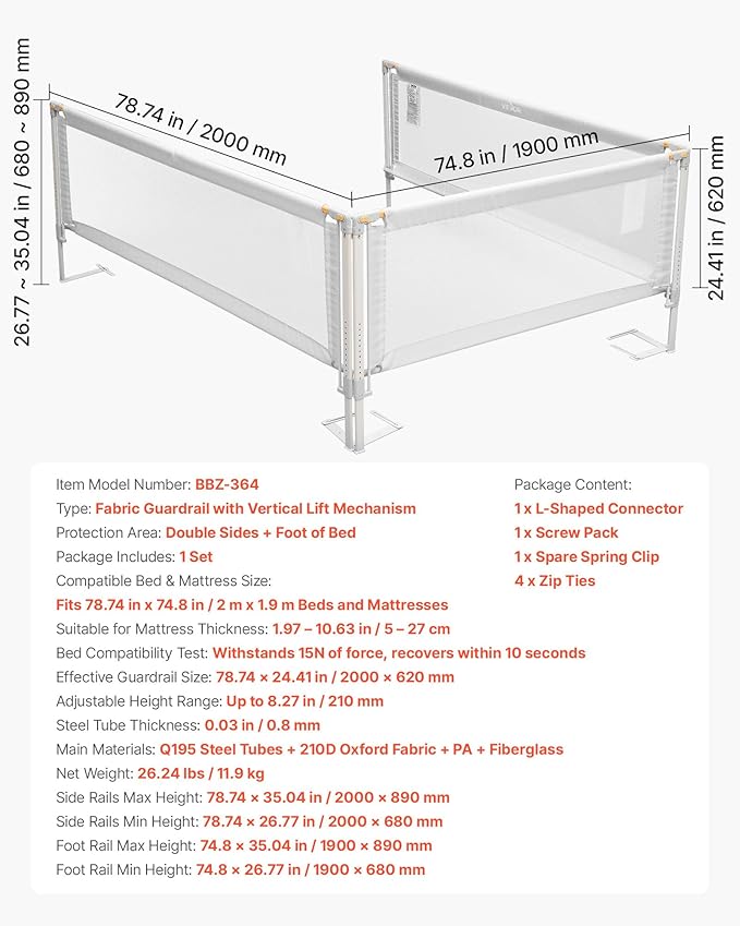 VEVOR 3 Piece Toddler Bed Rail, Kids Beds Guard Rail with Reinforced Iron Pipe and Oxford Cloth, Adjustable Height Bed Side Railing, Portable Guard Bumper Barrier for King Size, 3 Sides, Grey