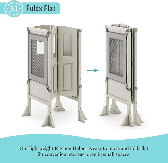 Martha Stewart Kitchen Helper ® Toddler Tower by Guidecraft - Taupe: Kids' Wood, Foldable, Adjustable Height Platform | Safe Cooking Learning Step Stool for Toddlers