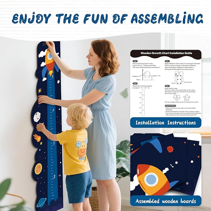 Woodemon Personalized Name Rocket Wood Growth Chart for Kids – Wall Height Measurement Ruler, Toddler Playroom Decor 63" x 15.3"