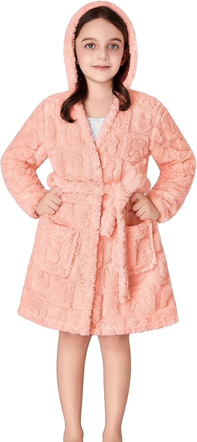 Topgal Leopard Cat Robe for Girls Fleece Toddler Kids Teen Hooded Bathrobe Size 4T-18