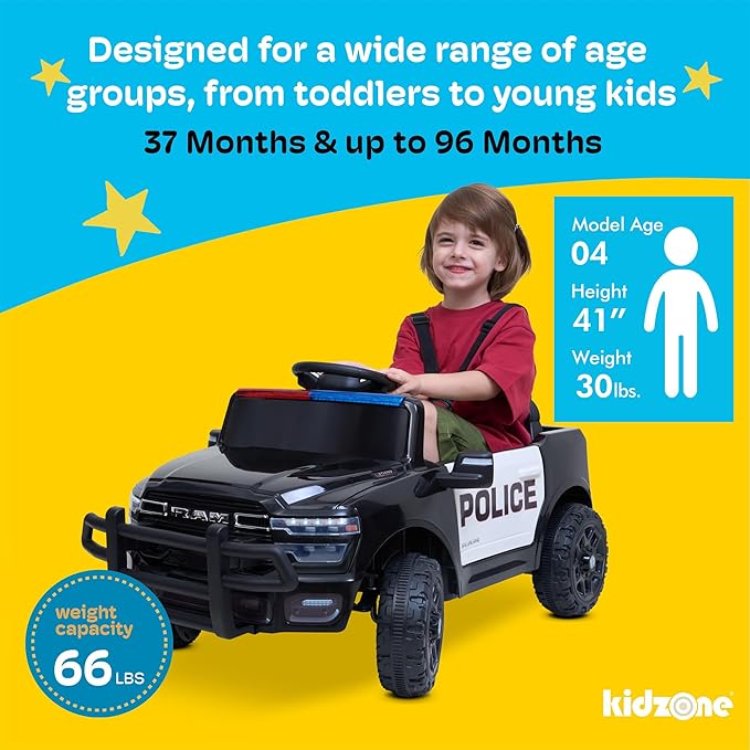 Kidzone 12V Police Ride On Truck, Licensed RAM 3500 Electric Car for Kids w/Remote Control, Bluetooth Music, LED Lights, Open Doors, Police Decals, Battery Powered Toy Vehicle - Black w/Police Design