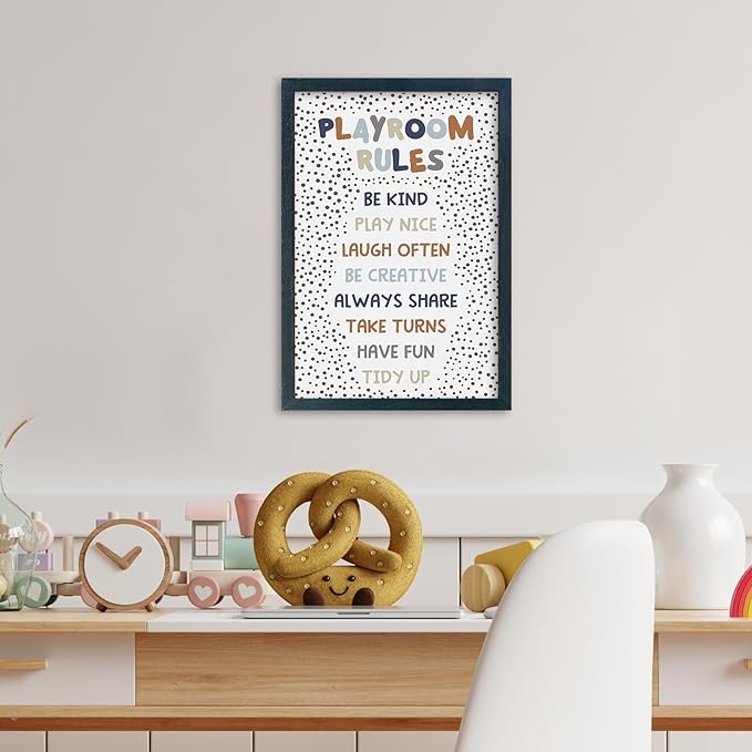 YWJKWLGS Playroom Rules Sign - Wood Framed Wall Art for Kids Room, Nursery, Toddler Bedroom or Playroom, 11x16 Inch Hanging Decor for Boys & Girls (Black)
