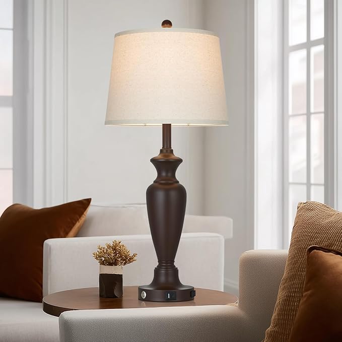 luxeflow 30" Tall Brown Table Lamps Set of 2 for Living Room, Touch Control Bedside Lamps for Bedroom Nightstand, 3-Way Dimmable Farmhouse Lamps with Charging Ports (2 LED Bulbs Included)