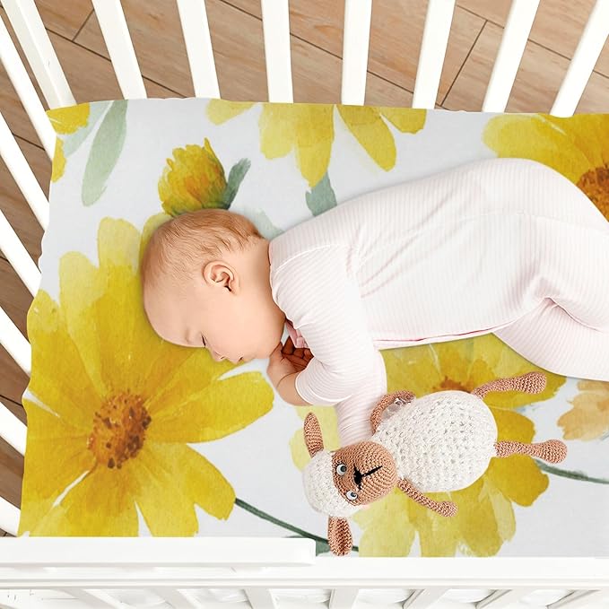 Summer Daisy Yellow Crib Sheets Standard Crib Toddler Mattresses Cover Fitted Baby Bed Sheet Breathable Crib Mattress Sheet for Girls Boys 52" x 28"x5''
