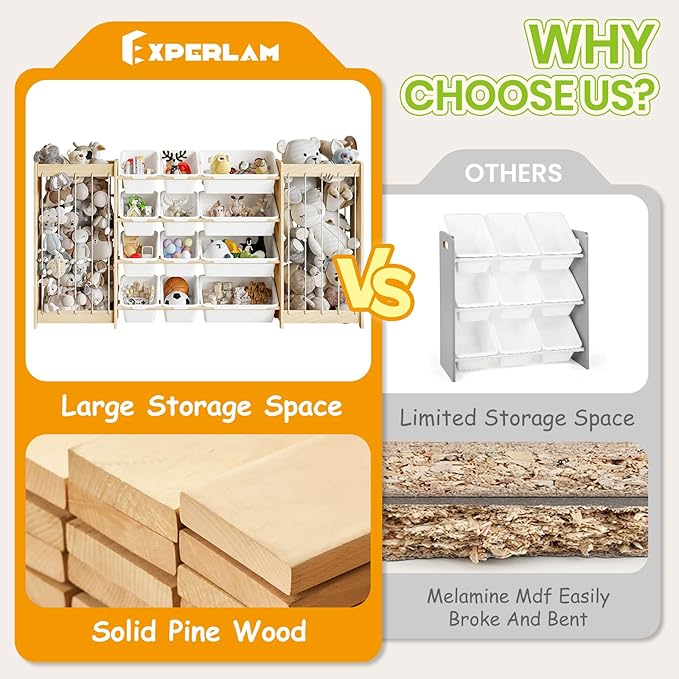 EXPERLAM Toy and Stuffed Animal Storage, 12-Bin Toy Shelf with Double-Sided Stuffed Animal Holder & Thicker Elastic Ropes, Space-Saving Solid Wood Toy Organizer for Playroom, Nursery, Bedroom, White