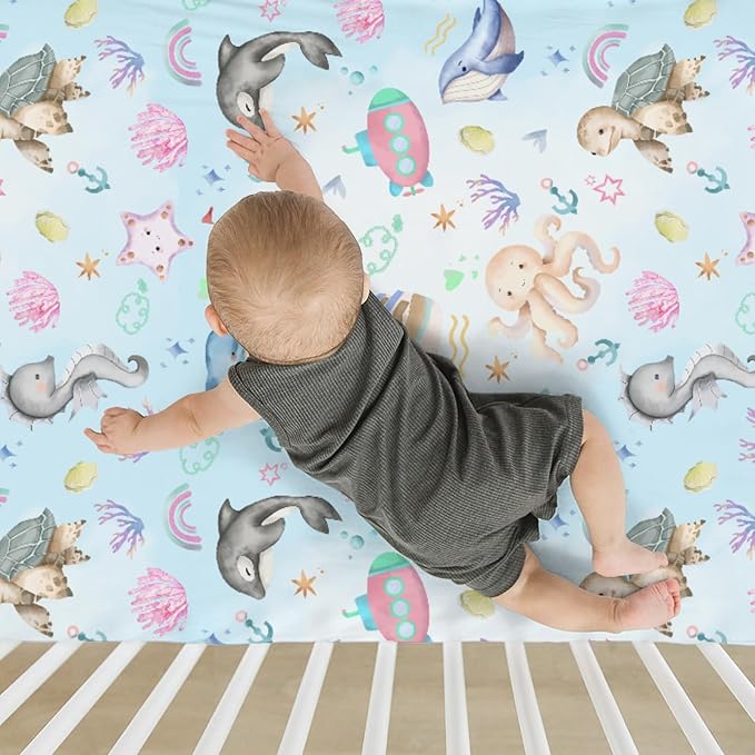 Colorful Ocean Animals Baby Crib Sheets for Boy Girl 52x28Inch Sea Horse Turtle Whale Rainbow Corals Soft Snug Fitted Crib Mattress Cover Marine Life Baby Sheet for Standard Crib & Toddler Mattress