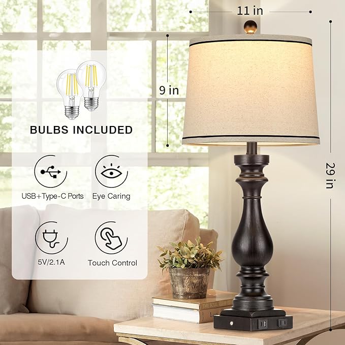 Cinkeda 29" Tall Table Lamp for Living Room Set of 2,Farmhouse Vintage Bedside Nightstand Lamps with USB C+A Ports & AC Outlet,3-Way Dimmable Touch Control Retro Black Lamp for Bedroom,Color 5