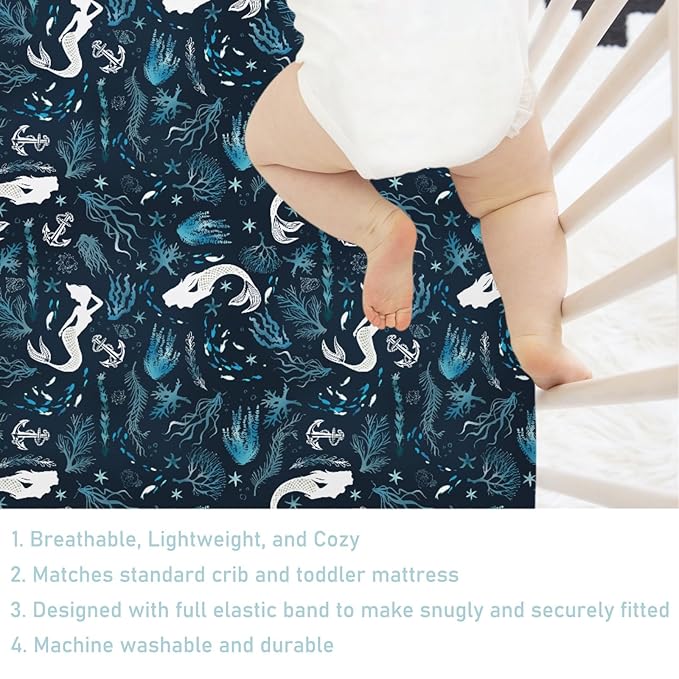 Undersea Mermaids Baby Crib Sheet 52''x28'' Ocean Sea Animal Fish Starfish Corals Anchor Stretchy Fitted Crib Mattress Cover for Boy Girl Nautical Soft Bed Sheets for Standard Crib Toddler Mattress