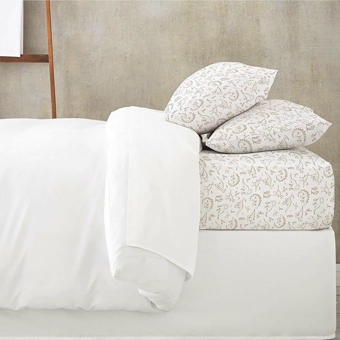 MakeMake Organics Organic Queen Fitted Sheet Set GOTS Certified Organic Cotton Fitted Sheet with 2 Pillowcase Ultra Soft Non Toxic Breathable Hypoallergenic Colorful Neutral (Queen, Dino Dreams)
