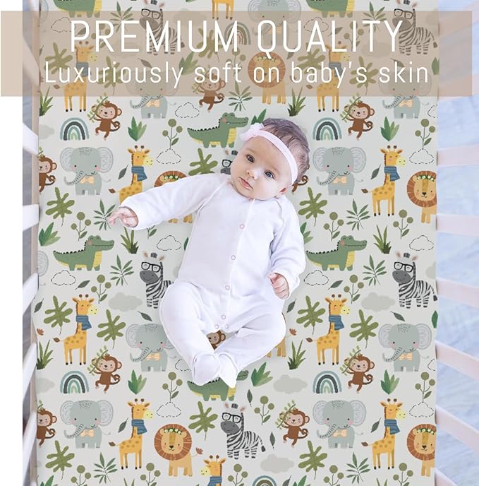 Jungle Safari Animals Baby Crib Sheets for Boy Girl Elephant Lion Zebra Giraffe Leaves Soft Snug Fitted Crib Mattress Covers for 52''x28'' Standard Crib & Toddler Mattress Pad Wild African Bed Sheets