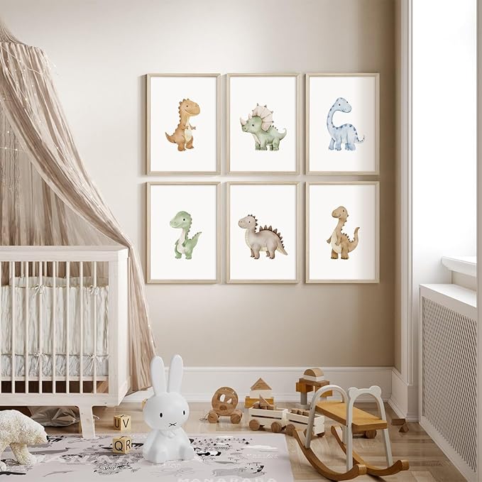 Dinosaur Nursery Wall Art Kids Canvas Poster Boys Room Wall Decor Watercolor Dino Wall Art Toddler Baby Pictures Dinosaur Prints Nursery Artwork for Boys Room Bedroom 12x16x6 Inch Wood Framed