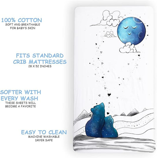 JumpOff Jo - Fitted Crib Sheet, Super Soft 100% Cotton Sheet for Standard Crib Mattresses and Toddler Beds, 28 in. x 52 in, Storytelling Designs - Mama Bear Blue