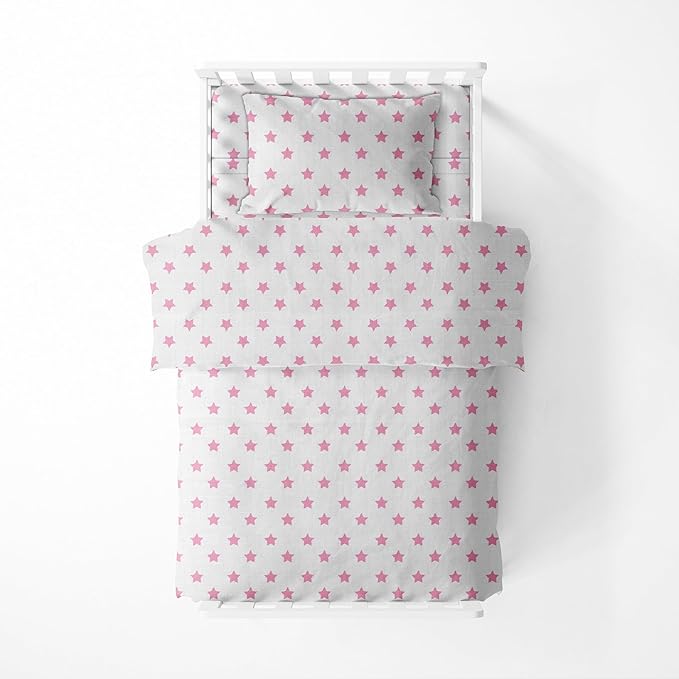 Bacati - Muslin Ikat Stars 4 Piece Girls Toddler Bedding Set 100 Percent Cotton Includes Reversible Comforter, Fitted Sheet, Top Sheet, and Pillow Case (4 pc Toddler Bedding Set, Pink Stars)