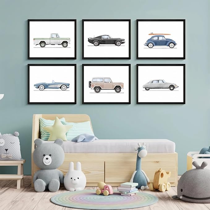 Blue Car Wall Art Decor Boys Room Wall Art Vintage Cars Canvas Poster Pictures Toddler Kids Room Prints Watercolor Vehicle Artwork Painting for Boys Bedroom Nursery 12x16 Inch Black Framed Set of 6