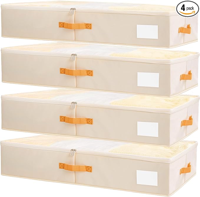 Criusia Under Bed Storage Bins with Clear PVC Lids – 4 Pack Large Underbed Organizers with Heavy-Duty Handles, Reinforced with 800G PP Panels & 80G Non-Woven Fabric – Waterproof & Foldable, Beige