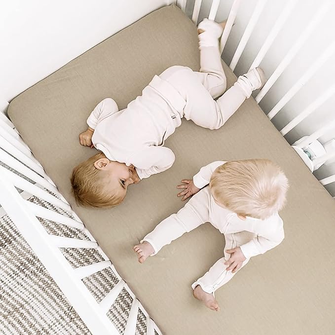 GRSSDER Soft Muslin Crib Sheet 2 Pack, 100% Cotton Crib Sheets for Boys and Girls, Fit Standard Crib Mattresses 52" x 28" Safe and Snug, Taupe/Stripe
