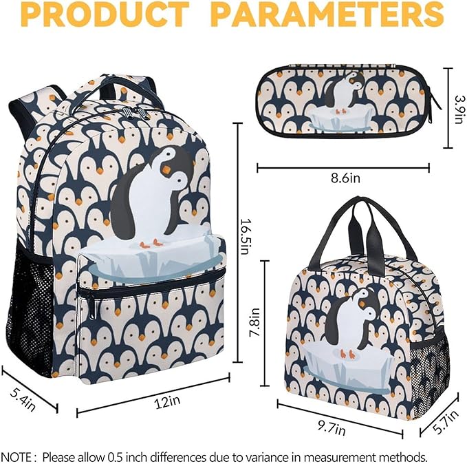 COOPASIA Penguin Backpack with Lunch Box and Pencil Case, 16 Inch Penguin Theme Bookbag with Adjustable Straps, Durable, Lightweight, Large Capacity, School Backpack for Girls Women