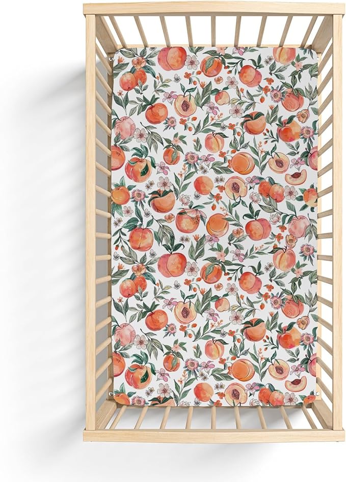 Vintage Peaches Baby Crib Sheets for Boy Girl 52x28Inch Retro Peach Flowers Leaves Soft Snug Fitted Crib Mattress Cover Sweet Spring Summer Fruit Nursery Baby Sheet for Crib & Toddler Bed Mattress