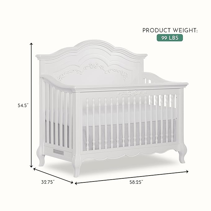 évolur Aurora 5-in-1 Convertible Full-Size Baby Crib in Frost White, GreenGuard Gold & JPMA, 3 Levels, Ribbon Bow Scrollwork & Queen Anne Feet, Converts to Toddler, Day & Full-Size Bed (Rails to Buy)