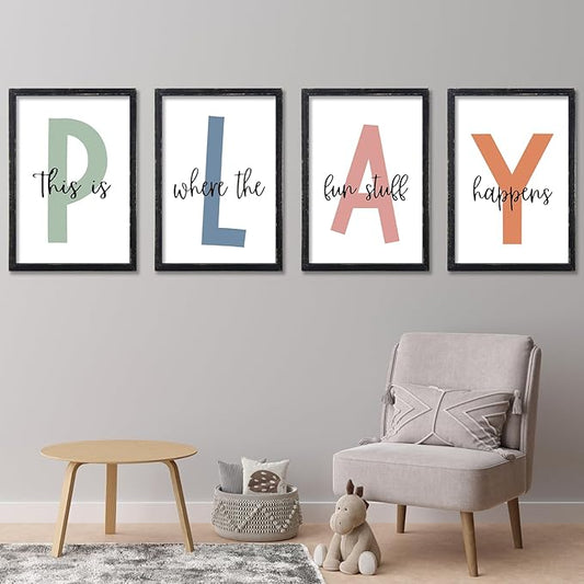 LuZhiQiang Playroom Wall Art Decor This Is Where The Fun Stuff Happens Sign Colorful Letters Decor 4 Piece 16"×11" for Toddler Modren Nursery Children Prints Small Wood Framed Wall Hanging (Black)