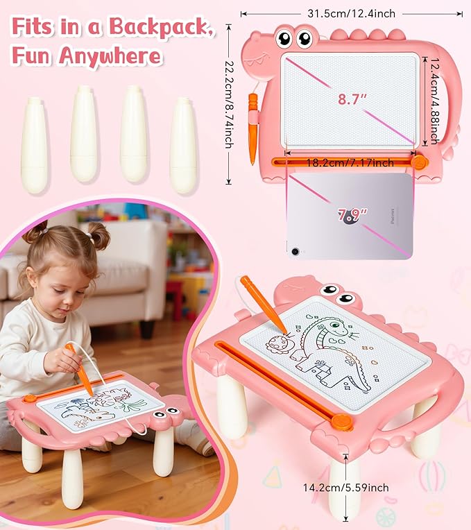 Dinosaur Magnetic Doodle Board Table for Toddlers, Color Drawing & Writing Sketch Pad Educational Learning Kids Toy for 1 2 3 Year Old Girls, Mess-Free Art Gift for Birthday or Valentine's Day, Pink